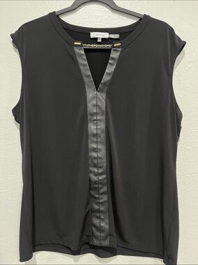Calvin Klein Black Sleeveless V-Neck Camisole with Faux-Leather Trim